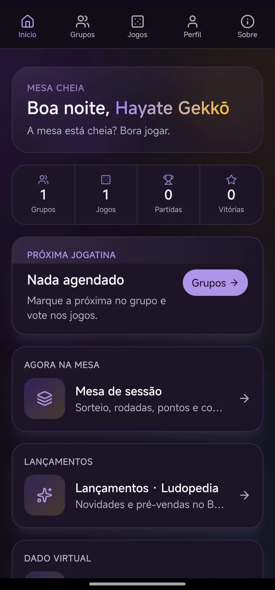 App Mesa Cheia — tela inicial com coleção de jogos de tabuleiro e próxima jogatina