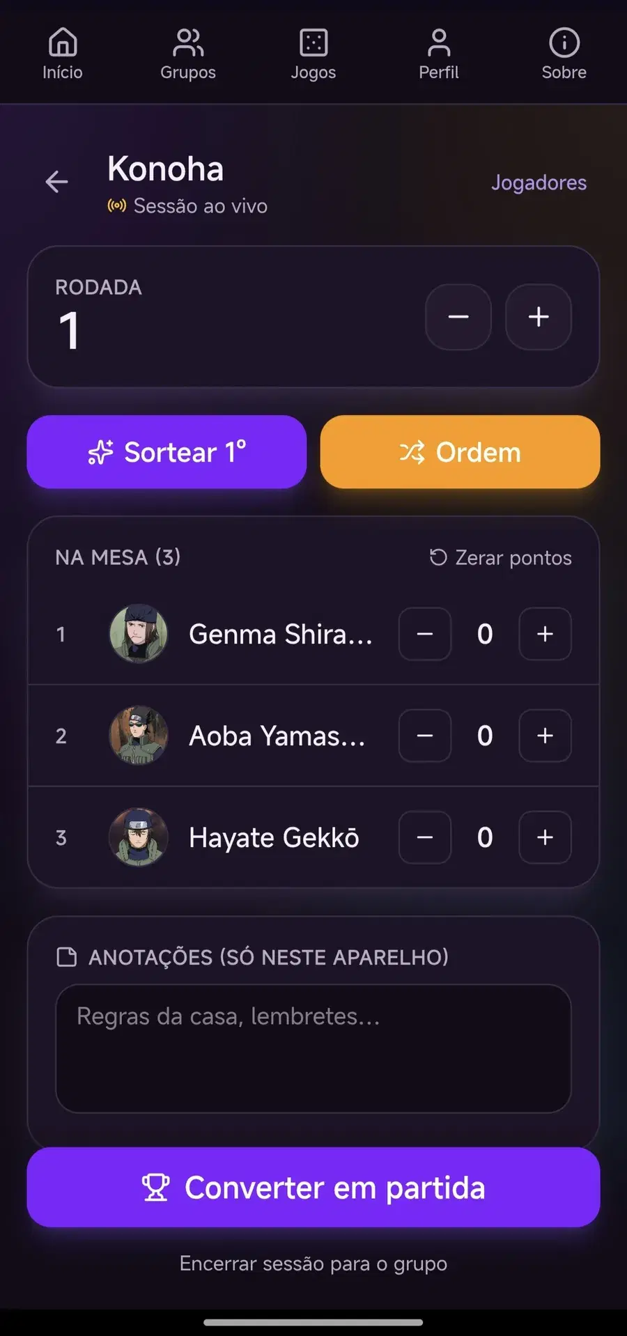 Mesa de sessão do app Mesa Cheia com sorteio e jogadores de board game