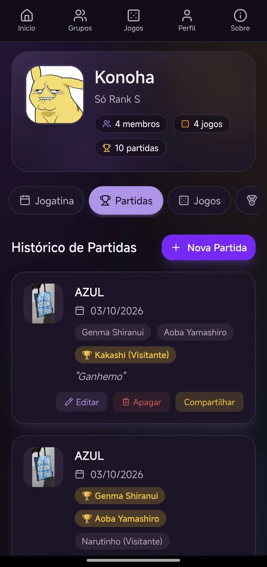 Histórico de partidas de jogos de tabuleiro registradas no Mesa Cheia